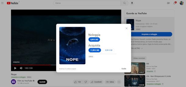 acquisto o noleggio di un film su sito YouTube