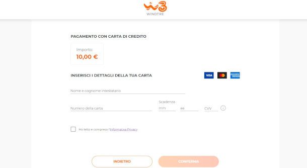 pagina per l'inserimento del metodo di pagamento in fase dia ttivazione di un'offerta WINDTRE