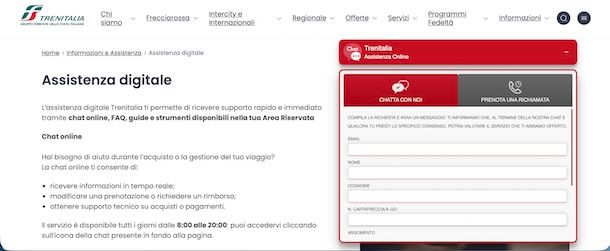 Chat da sito Web Trenitalia