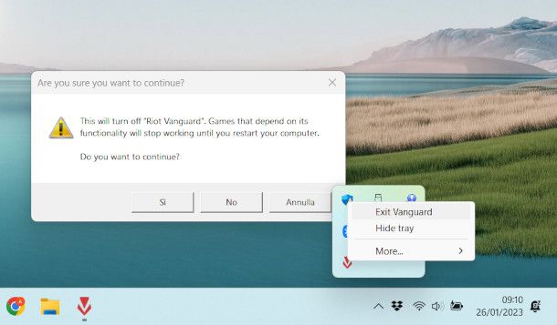 disattivazione Vanguard da area notifiche Windows