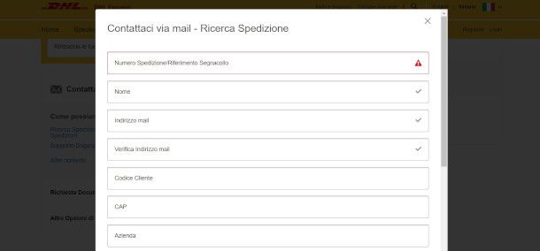 modulo per l'invio di comunicazioni email a DHL Express