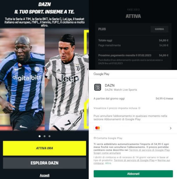 attivazione DAZN da smartphone Android con Google Pay