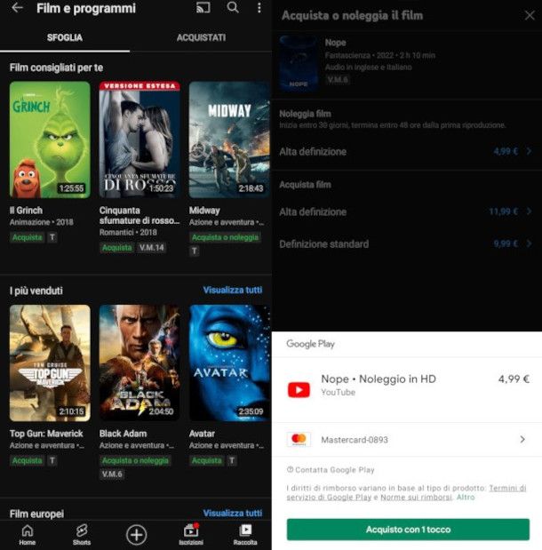 acquisto film su YouTube da smartphone Android