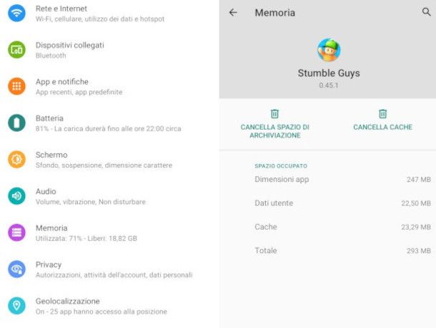 cancellazione cache app Stumble Guys