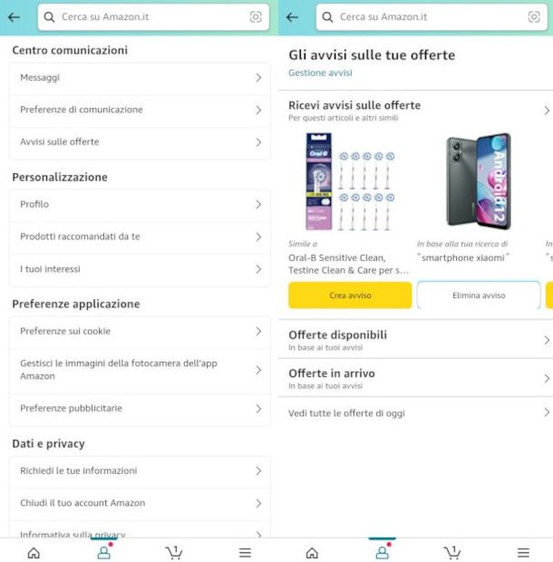 impostazione avvisi offerte app Amazon Shopping