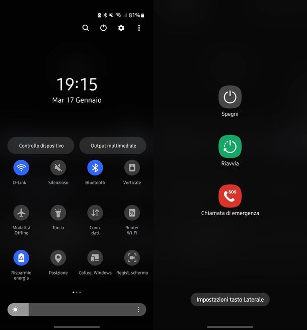 Menu area di notifica Samsung