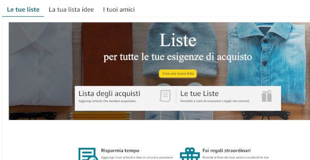 pagina per la creazione di liste del sito Amazon