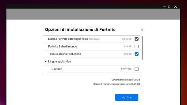 Opzioni di installazione di Fortnite Dimensioni singoli elementi PC