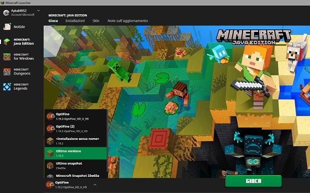 Selezione versione Minecraft Java Edition