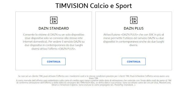 selezione piano DAZN da abbinare al servizio Timvision calcio e sport