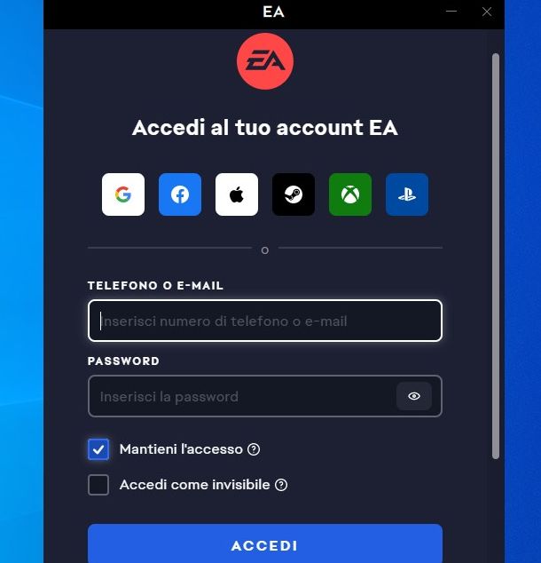 EA app schermata di accesso