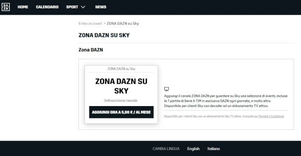 attivazione Zona DAZN di Sky da sito DAZN