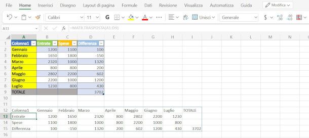 funzione MATR.TRASPOSTA su Excel online