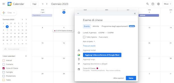 impostazione calendario e attività di studio su Google Calendar da Web