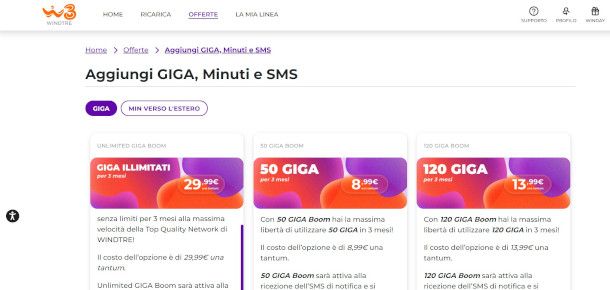 Attivazione opzioni con Giga da sito WINDTRE