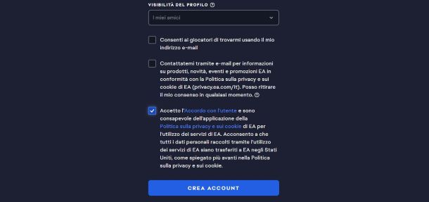 EA app creazione di un account
