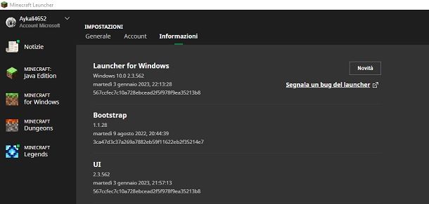Launcher Minecraft PC Informazioni Versione