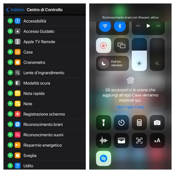 Abilitare Shazam dal centro di Controllo di iOS/iPadOS