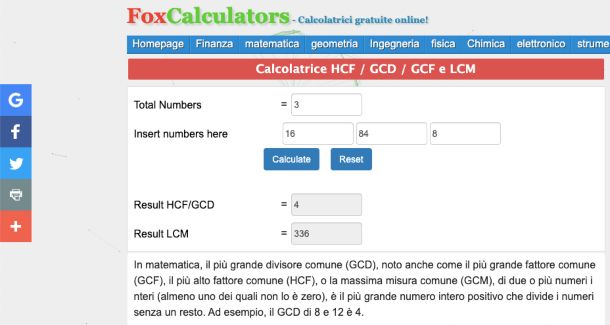 FoxCalculator, calcolatore online mcm e MCD