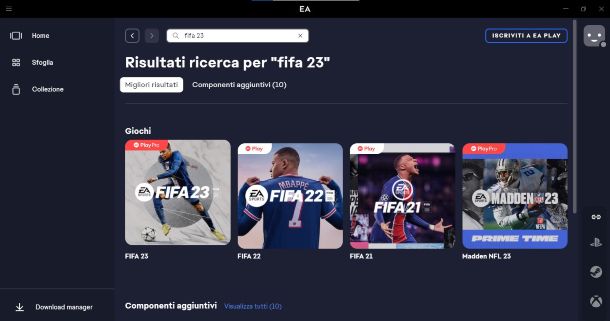 EA app schermata iniziale