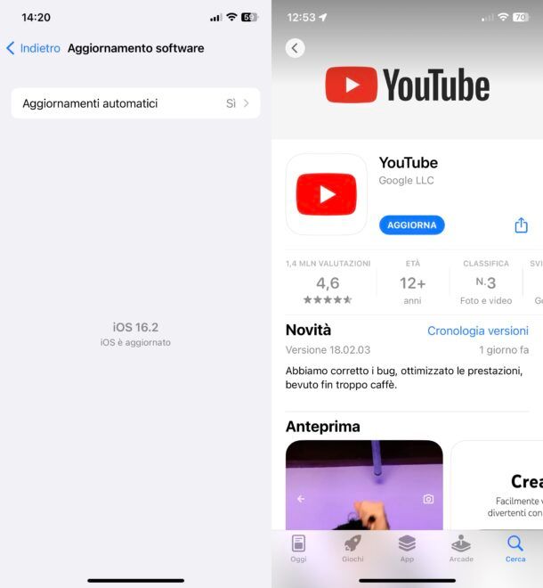 Come aggiornare OS e YouTube