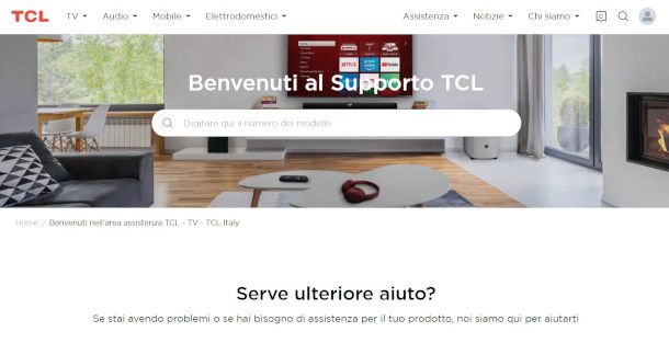 pagina Web di assistenza del sito ufficiale di TLC