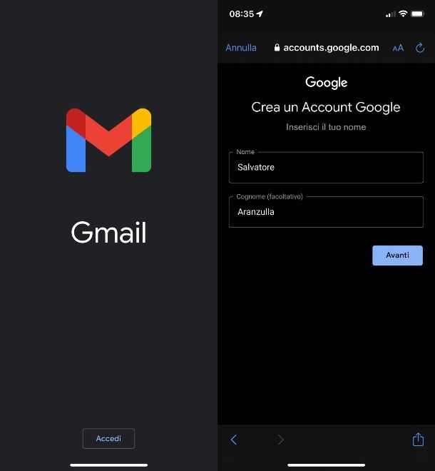 Crea account gmail su iPhone