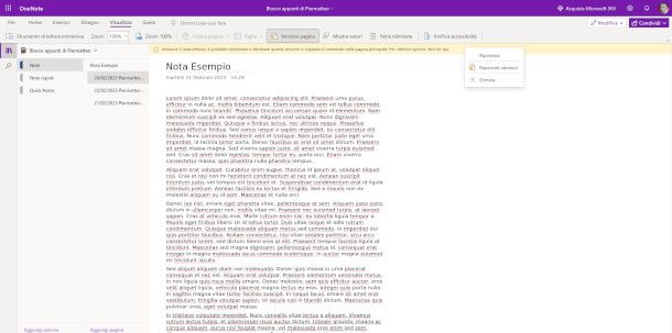 Ripristino note su OneNote Web