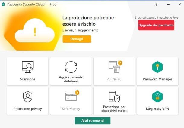 Kaspersky, schermata programma