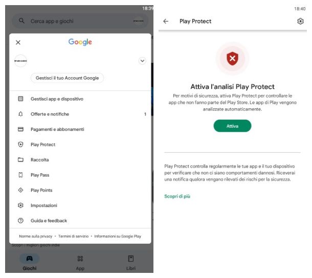 Attivare Play protect su Android