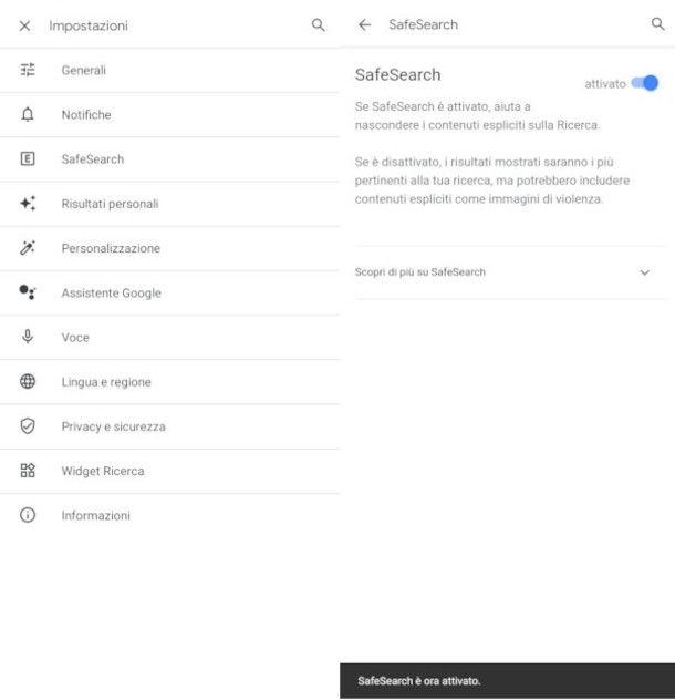 Attivazione SafeSearch da impostazioni Android