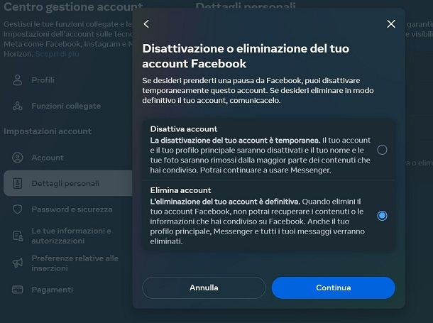 Cancellare account Facebook in modo definitivo