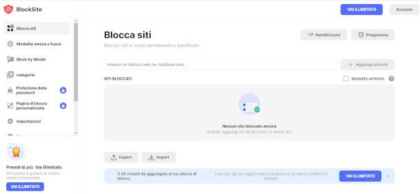 schermata dell'estensione Blocksiteper browser Chrome su PC