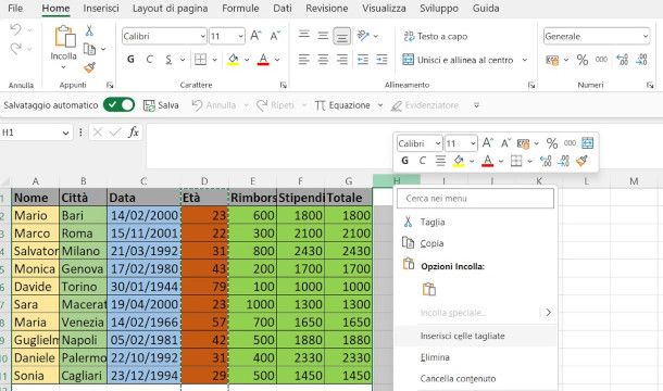 tagliare e incollare una colonna su Excel