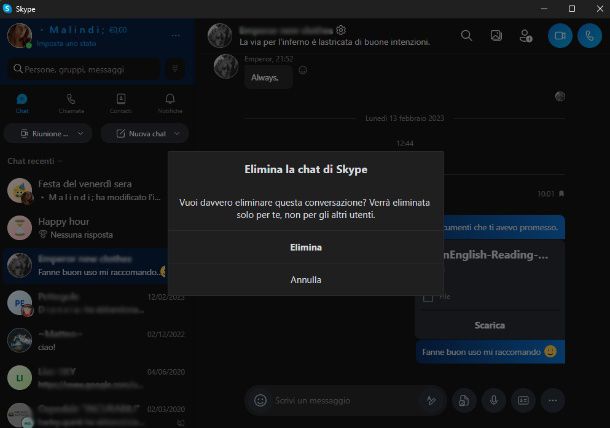 eliminare chat da skype