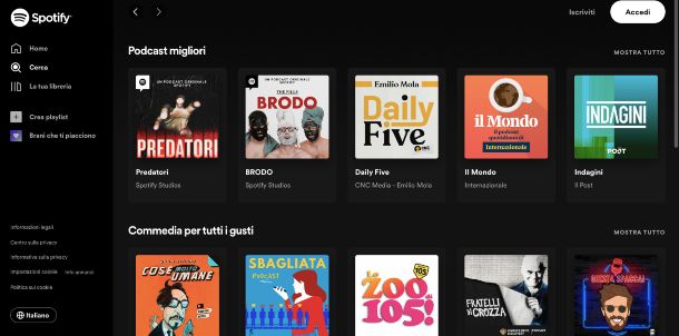 Spotify sezione dei podcast