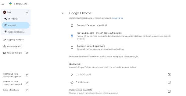 modifica impostazioni Family Link per Chrome da PC