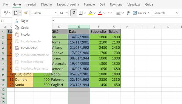 tagliare e incollare una colonna su Excel online