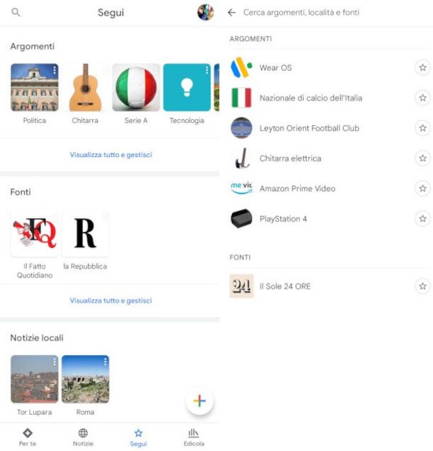 gestione preferiti app Google News