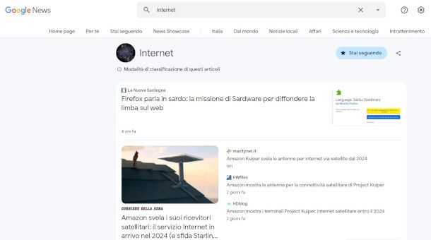 selezione argomenti e fonti preferite su sito Google News