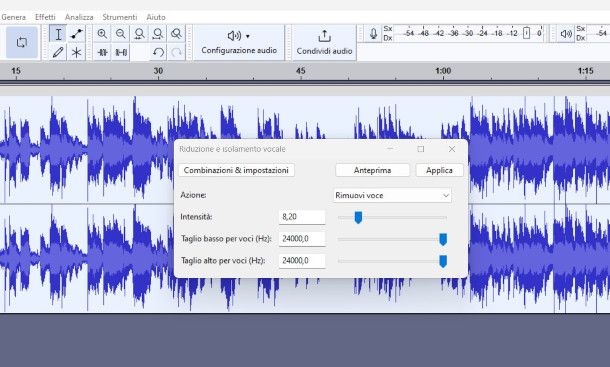 funzione di rimozione vocale Audacity