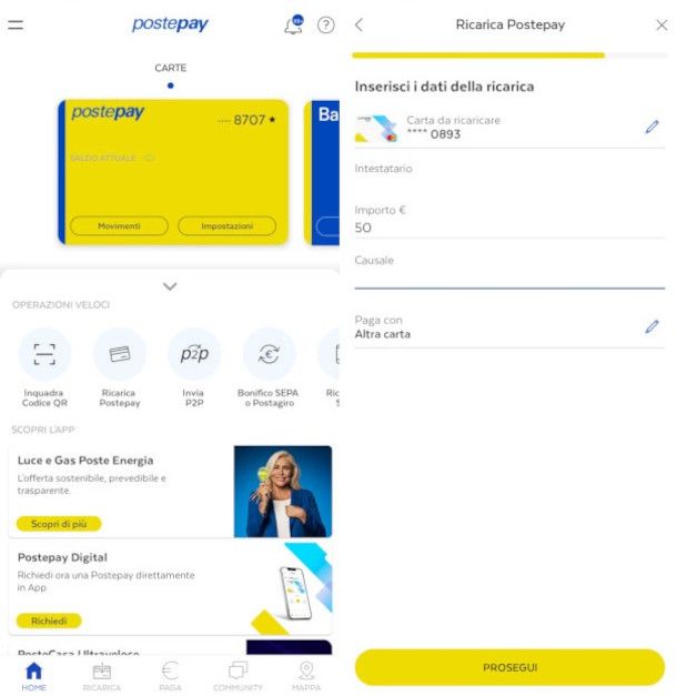 ricarica Postepay da app Postepay