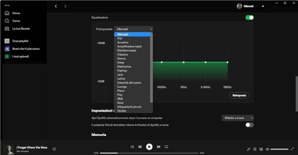 Equalizzatore integrato su app Spotify per PC