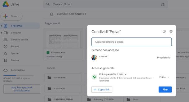 funzioni di condivisione in Google Drive da Web