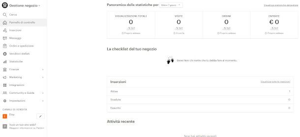 interfaccia di gestione del negozio Etsy