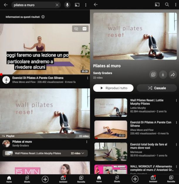 video di allenamenti pilates su app YouTube
