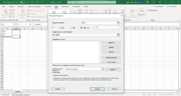 Excel risolutore calcolo, passaggio 2
