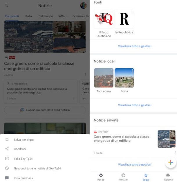 notizie salvate su app Google News