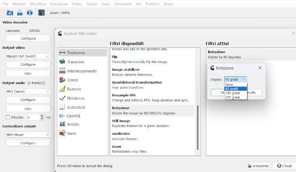 rotazione filmato su Avidemux