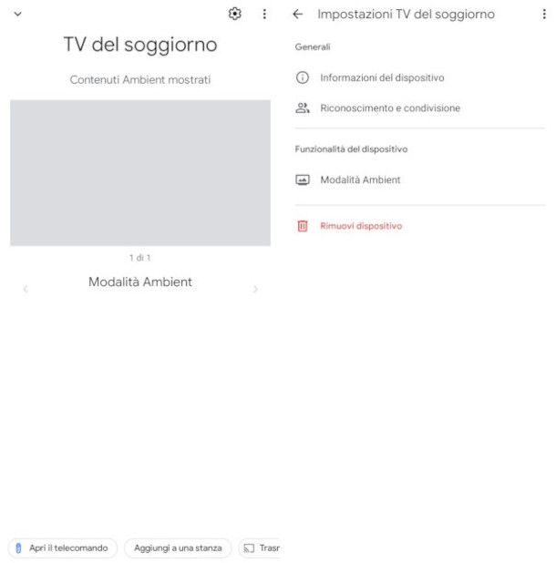 rimozione dispositvo Google TV da app Google Home